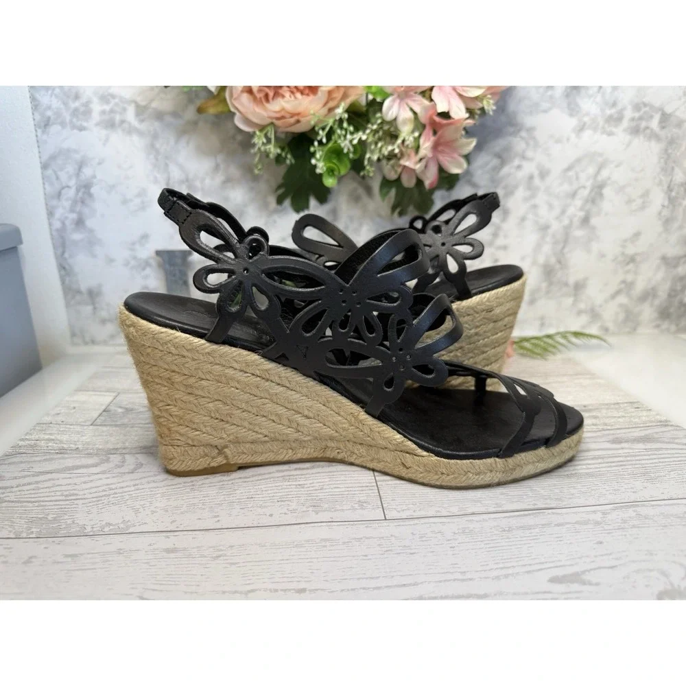Eric Michael Jillian‎ Black Floral Leather Upper Rope Wedge Heels 9/9.5 EU40 EUC